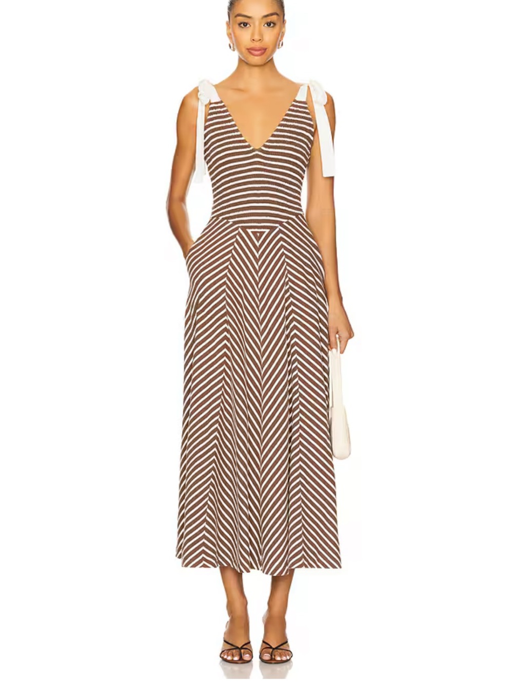 Striped Tie-Shoulder Midi Dress in Brown and White Free People